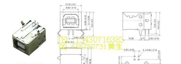 USB连接器，USB B母座180度插件 B母