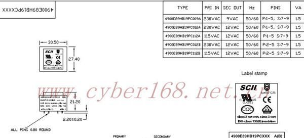 供应 PCB板专用 防水插针变压器 1.5VA
