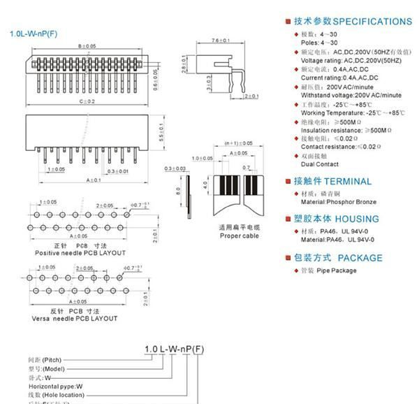 FPC1.0L-W连接器 1.0卧式 扁平线缆定做
