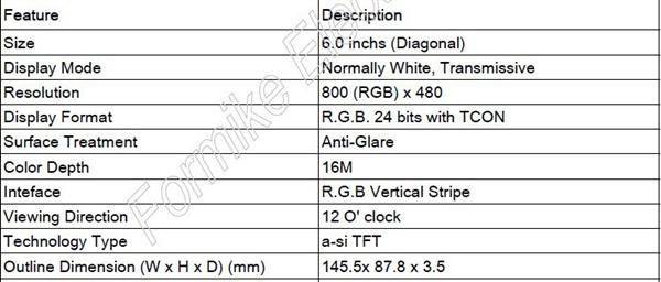 6.0寸TFT LCD高清液晶显示屏 800*3RGB*480