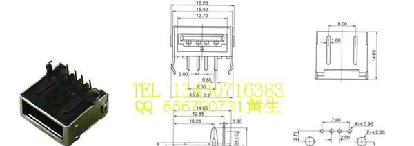 USB连接器，180度半包直插直脚USB母座
