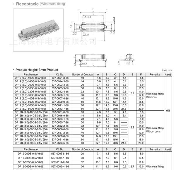 Hirose/HRS/广濑 DF12(3.0)-36DP-0.5V(86) 基板对基板连接器