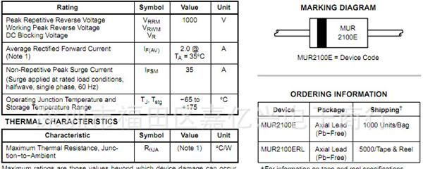 供应ON全系列快速二极管MUR220/MUR260/MUR2100E/MUR240
