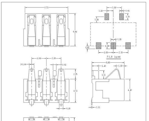 手机电池连接器3P、接触片弹片卧式贴片 端子电池座3P-3.0PH-6.5H