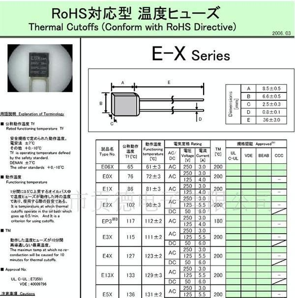 田村温度保险丝，E-X系列,TAM温度保险丝，保险丝，温度保险丝