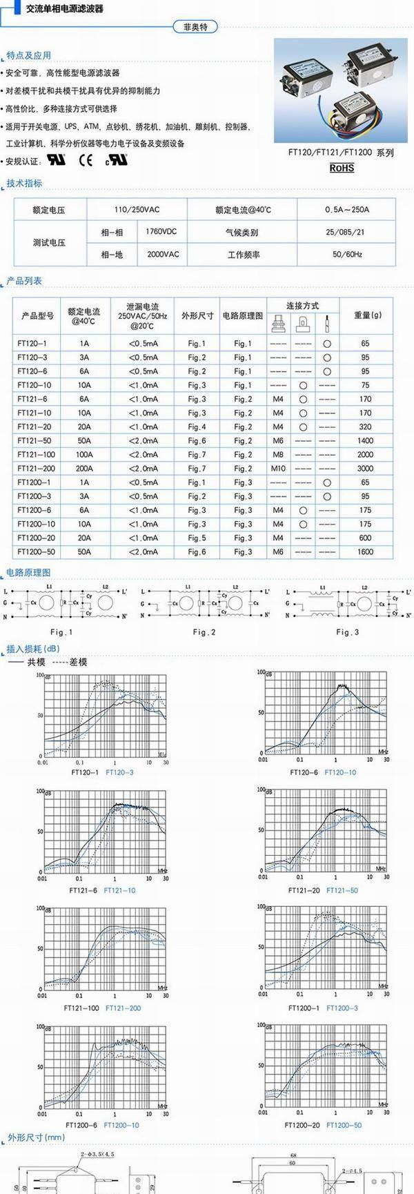 Filtemc 菲奥特一级代理 交流单相两级滤波FT121-10A 电源滤波器