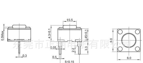 供应6*6短两脚轻触开关（3.3脚） TS66HDJ-3插脚轻触开关