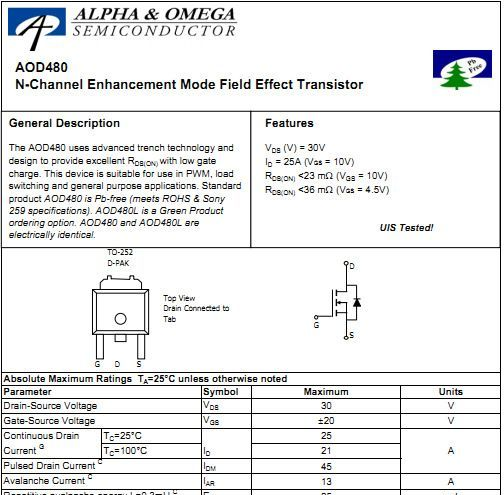美国万代场效应管 参数30V 25A  AOD480L ,AOD480,D480