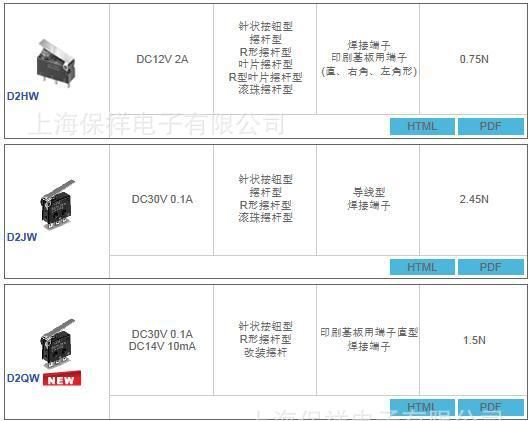 欧姆龙密封型微动开关 D2HW-A221D  D2HW-C262MOMRON