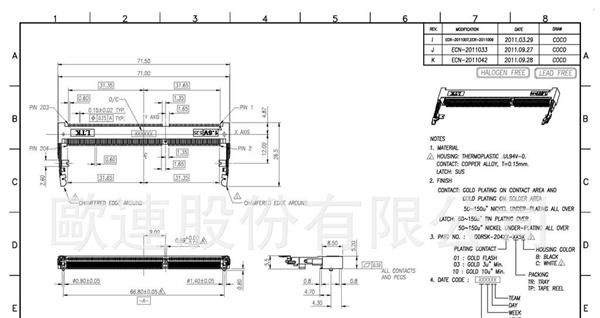 DDR 内存连接器 电子连接器 5.2H