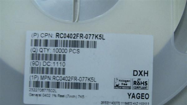 YAGEO国巨贴片电阻RC0402FR-077K5L 7.50K OHM 1/16W 1% 0402