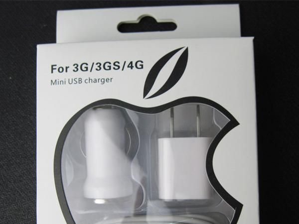 供应 IPhone4G/3GS/ipod迷你车充+绿点充电器+数据线三件套