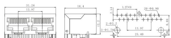 供应RJ45插座,1x2屏蔽带缺口