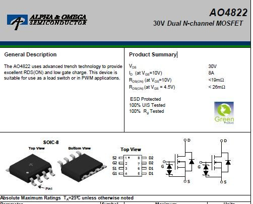 供用30V,6.8A,SOP-8 Dual N-channel MOSFET管AO4822