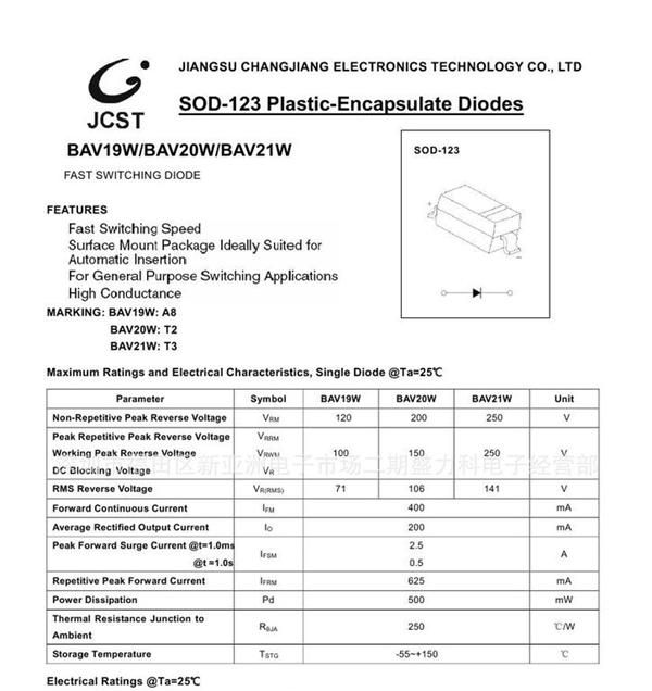 【长电 CJ 贴片二极管】BAV19W SOD-123/1206 开关二极管 A8