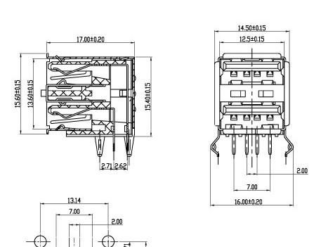 USB插座  USB-2A-01B A 母 双层 DIP90度 有后盖