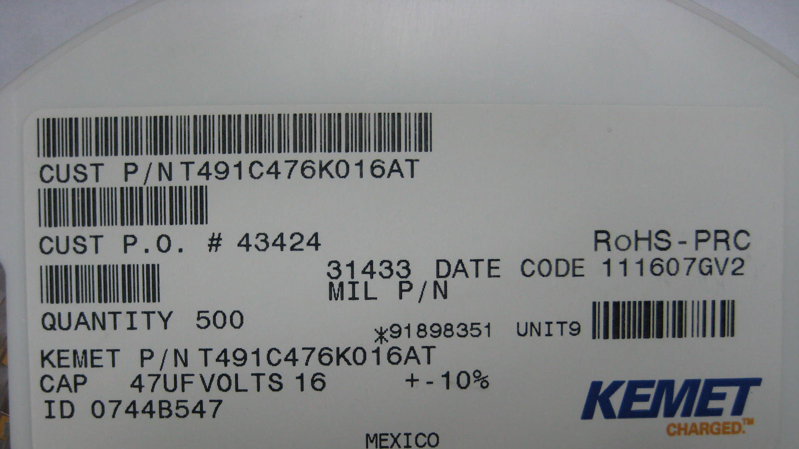 供应贴片钽电容T491C476K016AT 环保新货 价格优惠