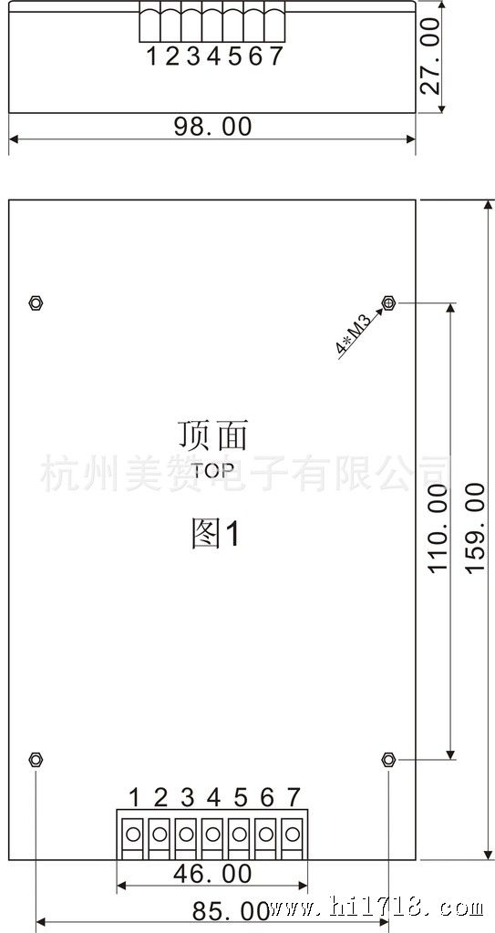 AC转DC电源200W尺寸图,159*88*27mm