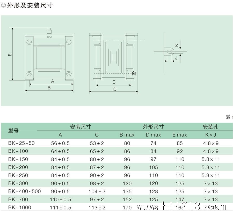 BK变压器规格尺寸