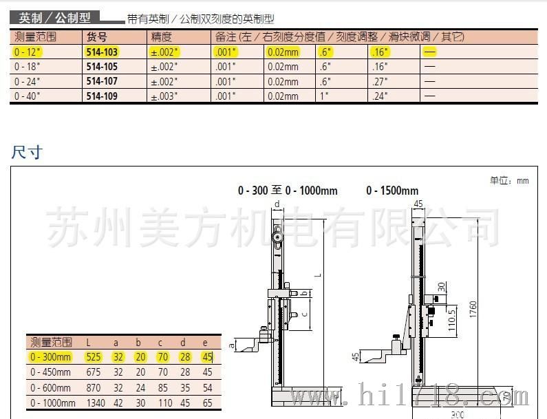 供应日本三丰游标高度尺0-300mm划线尺514-103 三丰高度尺