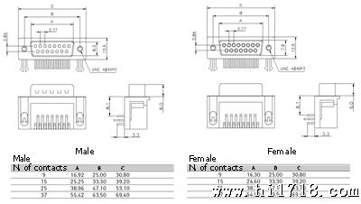 D-Sub connector, 7.2mm D-Sub connector PCB right angle footprint (DRB), DRB-15FA