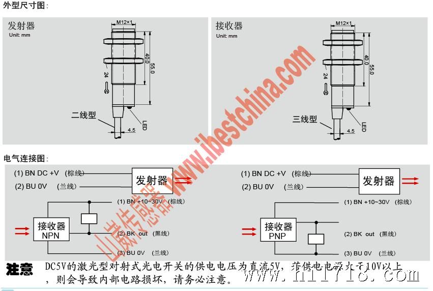 激光開關光電眼對射式m12激光感應器開關pnp常開常閉 山崴廠家