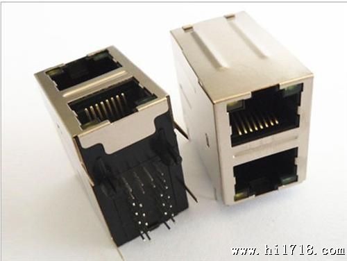 2x1双层竖排针百兆RJ45网络插座带LED灯带滤波器变压器10/100